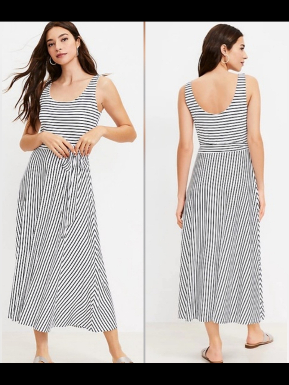 LOFT Black and White Striped Maxi Dress with Tie Waist